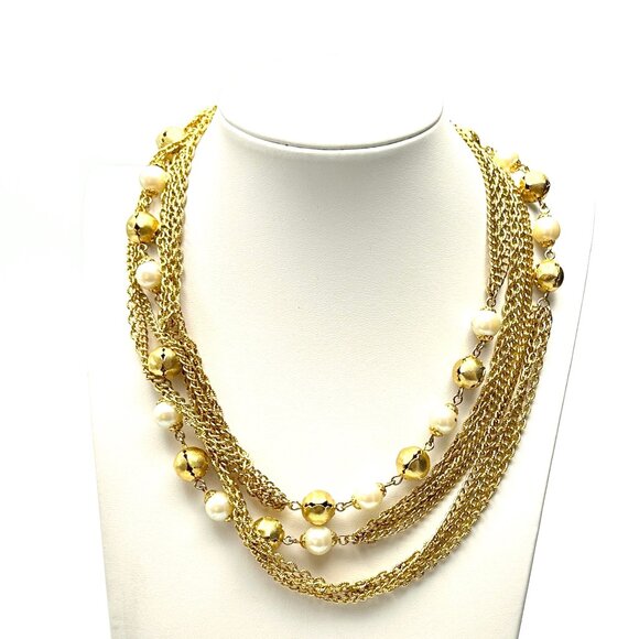 Vintage 1980s Goldtone Station Necklace—50" Pearl & Textured Gold Beads — EUC - Picture 7 of 8